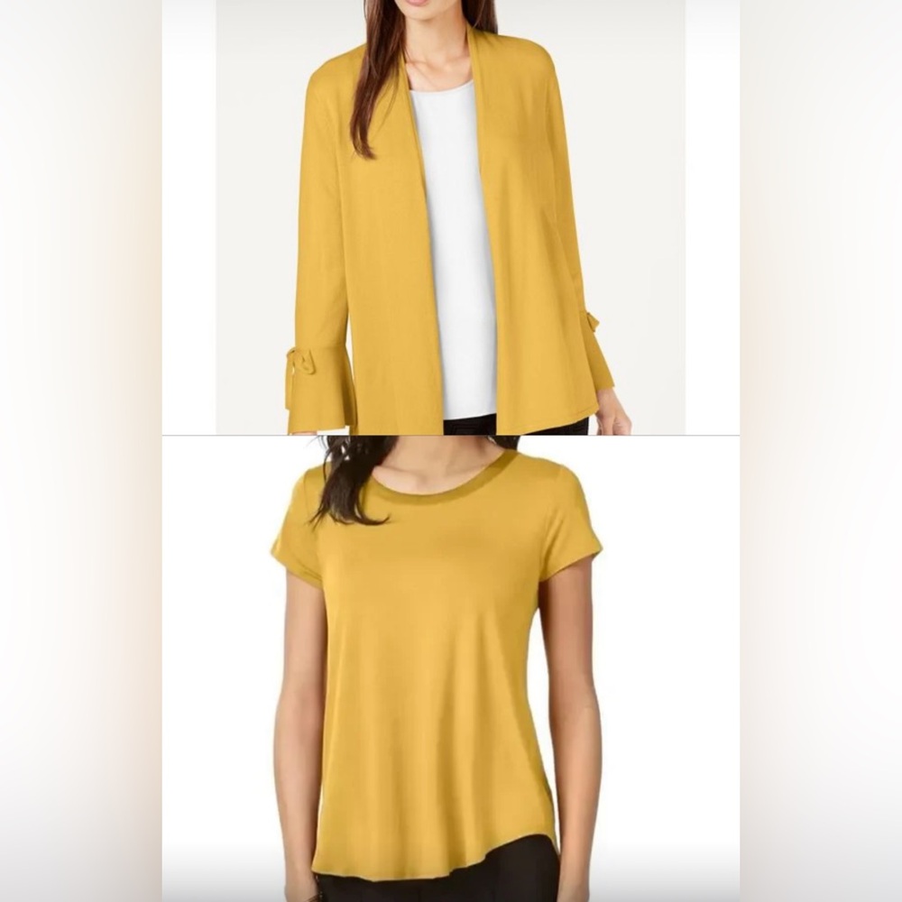 ALFANI 2p Tie Sleeve Cardigan Satin Trim T Shirt PS SP Marigold $120 EUC